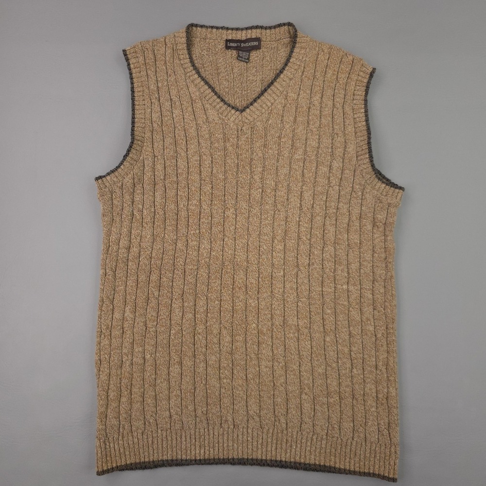 Liberty Sweaters Sweater Vest Mens Large Beige Cable Knit V Neck Cotton USA